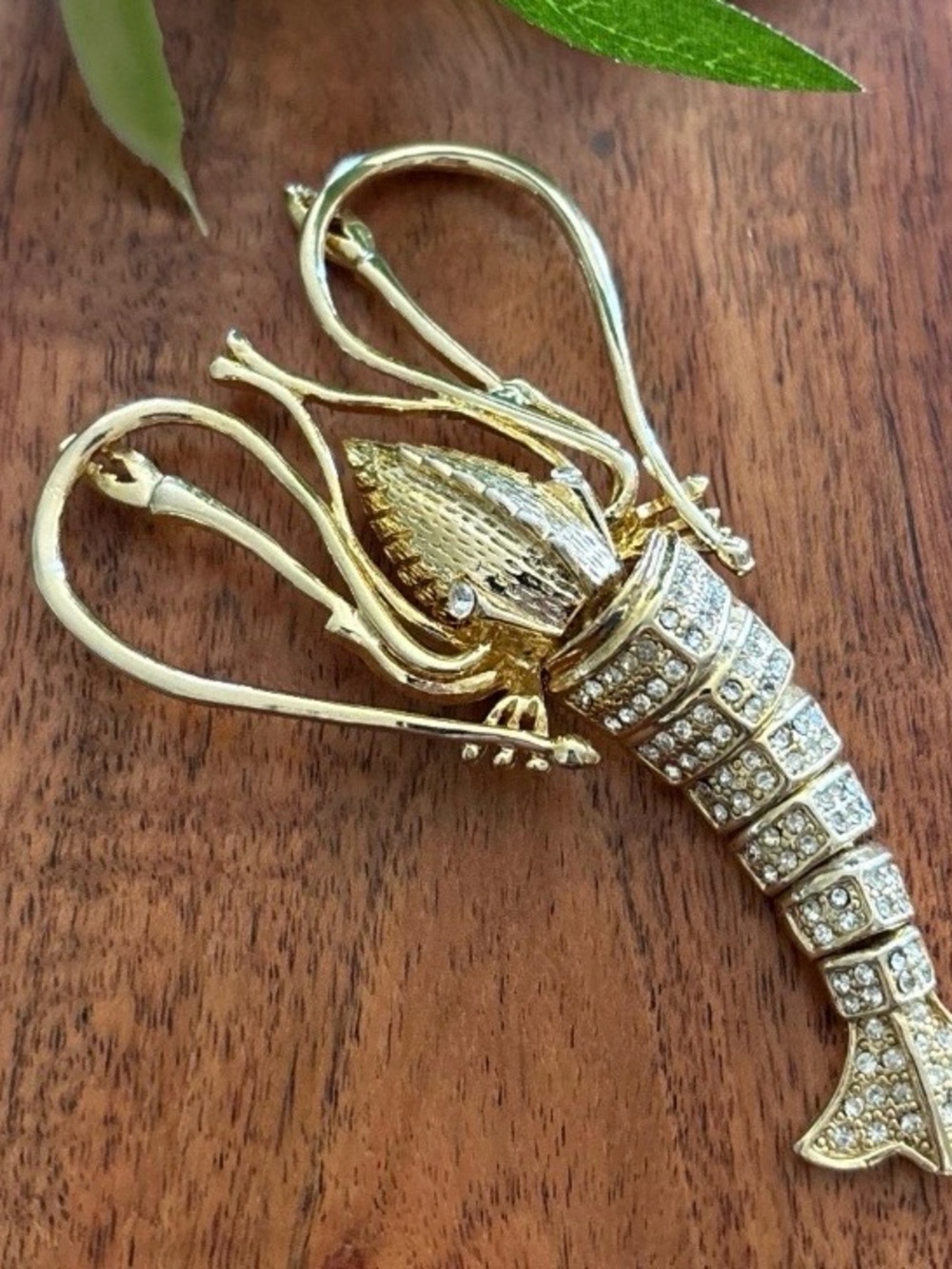 Vintage Gold Tone CZ Shrimp Brooch Unisex Jewelry